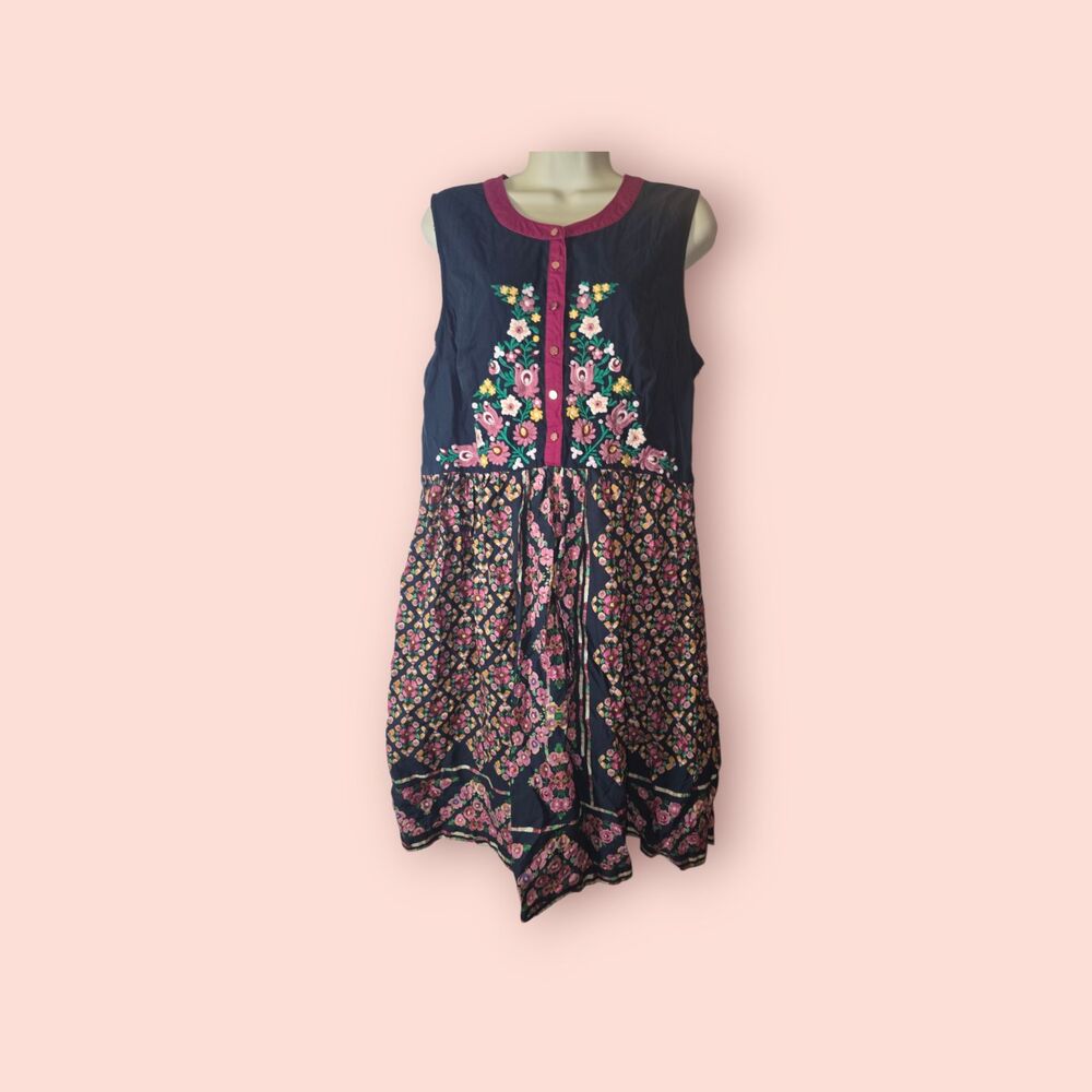 ModCloth Conversation Masterpiece Floral A-Line Midi Dress Embroidered XL Navy